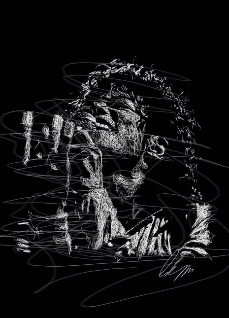 White scribble-line portrait of a singer with face tilted upward beside a microphone on black.