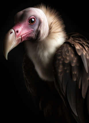 Vulture facing left with bare pink head, ivory hooked beak and pale feather collar.