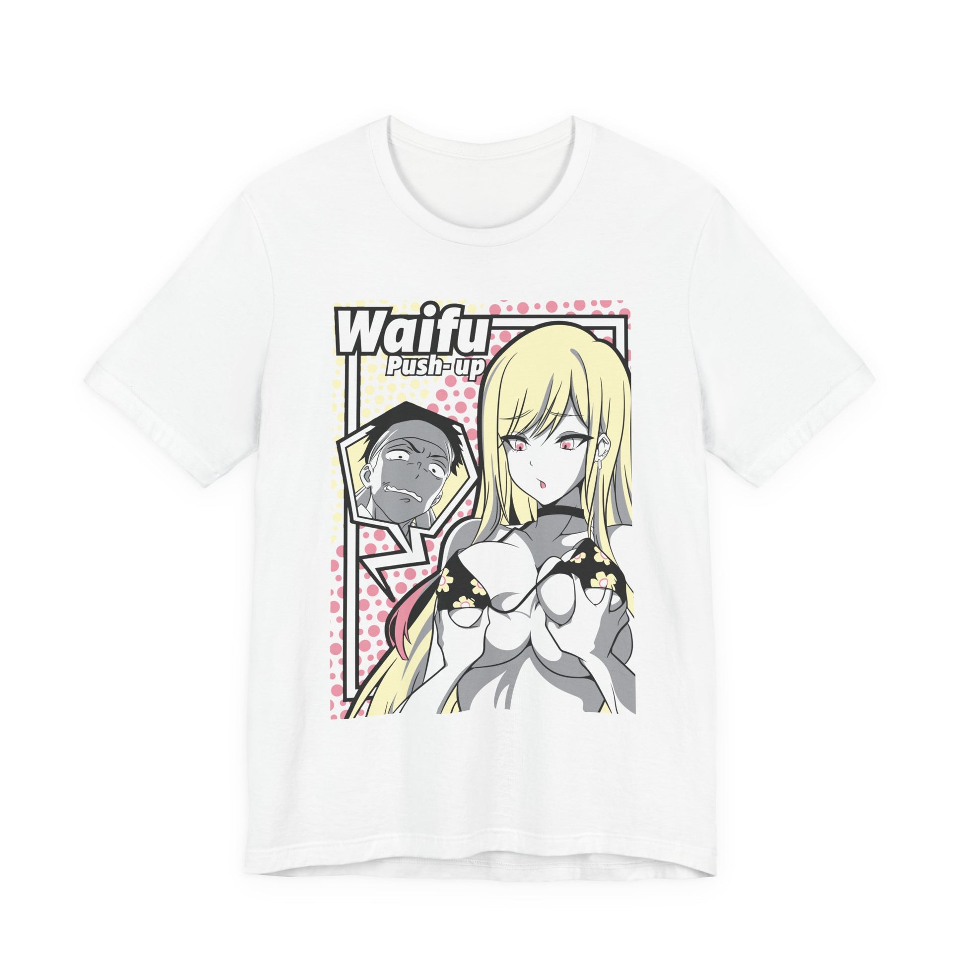 Alt: Waifu Pop Art Anime Shirt on white, angled front view, anime streetwear by Snapping Turtle Gallery

