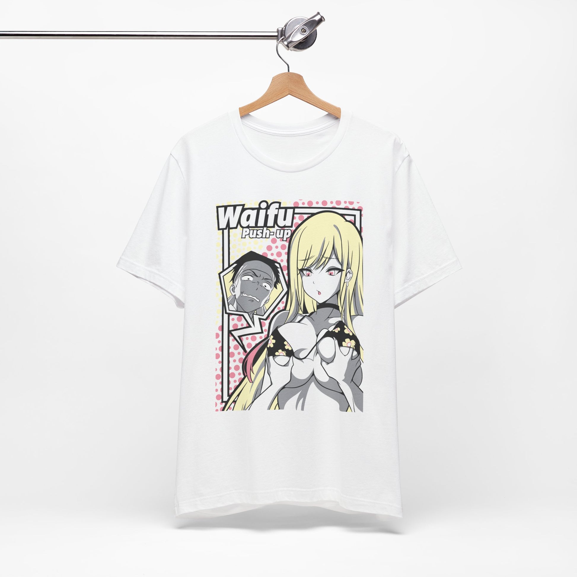 Alt: Waifu Pop Art Anime Shirt on white, hanging front, anime apparel by Snapping Turtle Gallery

