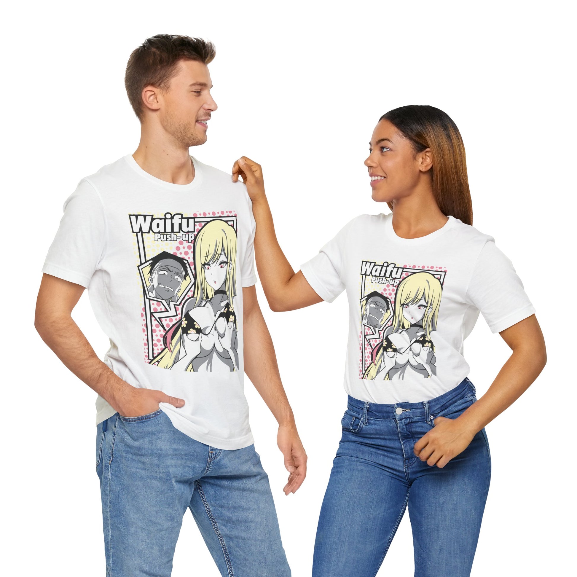 Alt: Waifu Pop Art Anime Shirt on white, worn by models, lifestyle display by Snapping Turtle Gallery

