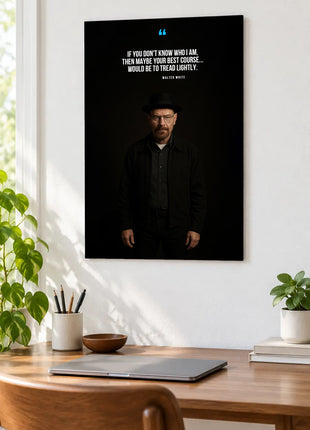 Walter White Tread Lightly acrylic wall art displayed above a wooden desk with a laptop, plants and books against a white wall.