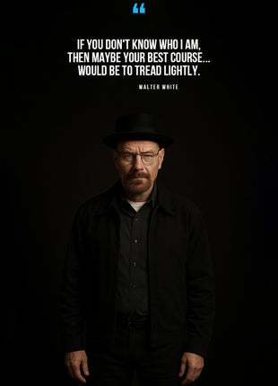 Walter White in a dark portrait beneath white quotation text and a blue quotation mark.