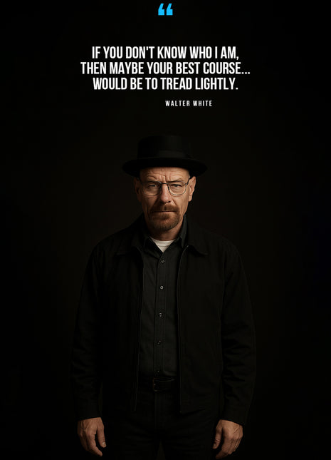 Walter White in a dark portrait beneath white quotation text and a blue quotation mark.
