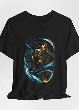 Draped front view of the black Water Arc Warrior Blue Spiral Graphic T-Shirt.