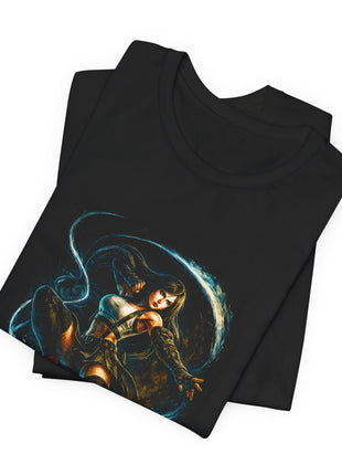 Folded view of the black Water Arc Warrior Blue Spiral Graphic T-Shirt.