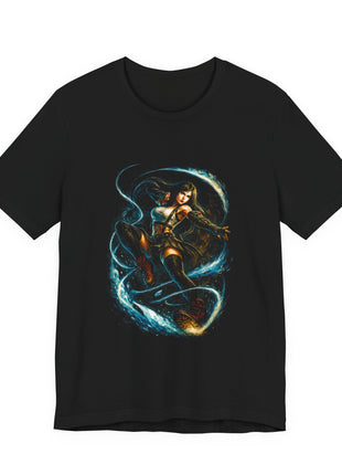 Front view of the black Water Arc Warrior Blue Spiral Graphic T-Shirt.