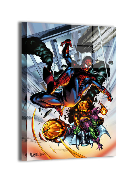 Durable aluminum print of Spider-Man vs Green Goblin with modern sheen; art by Ryan Pasibe.