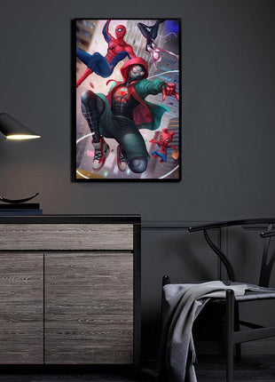 Web-Verse Alliance wall art featuring Miles Morales, Gwen Stacy, and Peter Parker — room display mockup