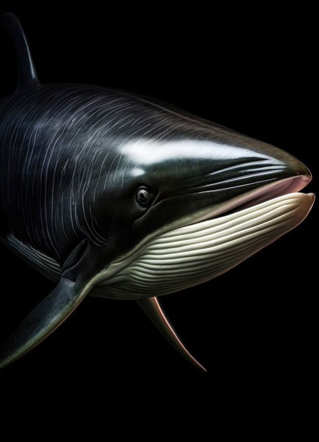 Dark whale in close side view with a pale ridged throat and silver highlights against black.