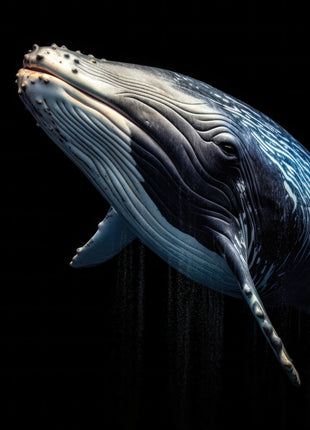 Whale angled upward with pale throat grooves, a long flipper and silver-blue highlights against black.
