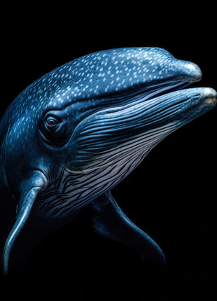 Blue whale portrait with pale speckles, fine throat grooves and a curved flipper against black.