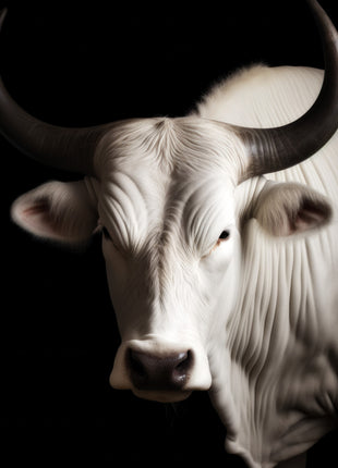 White bull with long upward-curving dark horns against a black background.