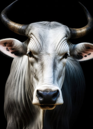White bull with long curved horns, gray facial lines and a dark muzzle against black.
