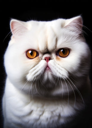 Fluffy white cat facing forward with copper-colored eyes, pink nose and rounded cheeks.