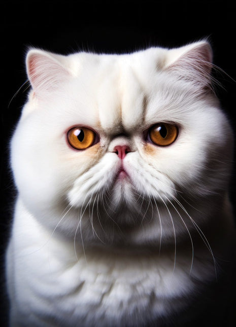 Fluffy white cat facing forward with copper-colored eyes, pink nose and rounded cheeks.