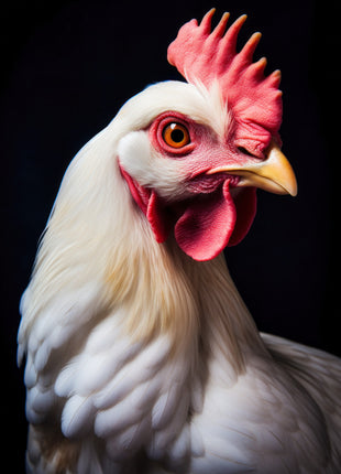 White chicken in profile with a scarlet comb, red wattle and yellow beak against black.
