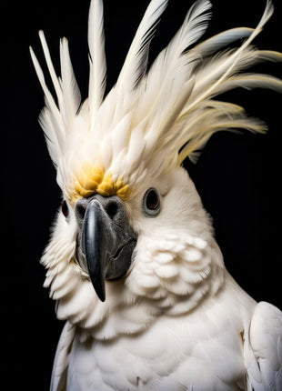 White cockatoo facing forward with a tall fanned crest, yellow forehead accent and dark beak.