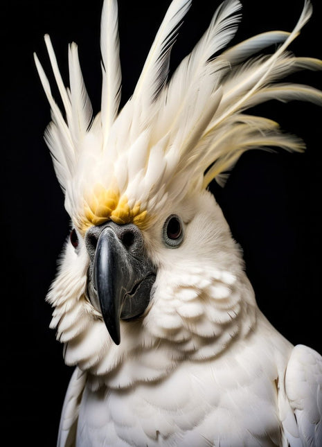 White cockatoo facing forward with a tall fanned crest, yellow forehead accent and dark beak.