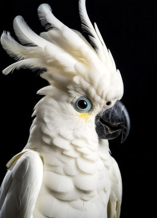White cockatoo with sweeping crest, blue-gray eye ring, yellow cheek accent and dark beak.