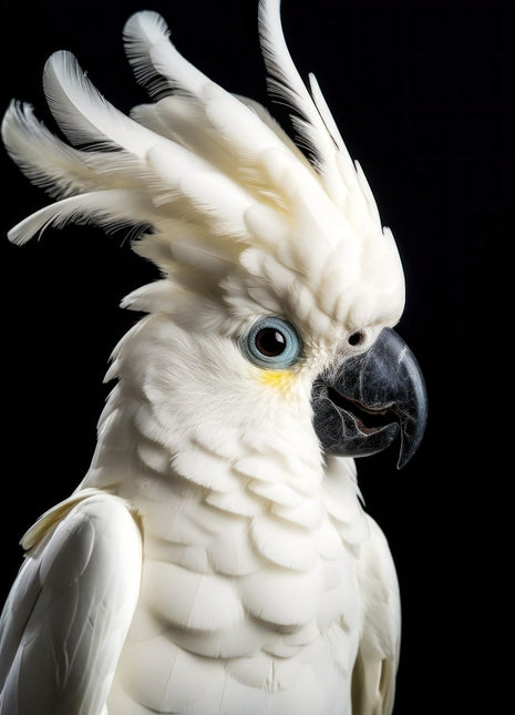 White cockatoo with sweeping crest, blue-gray eye ring, yellow cheek accent and dark beak.