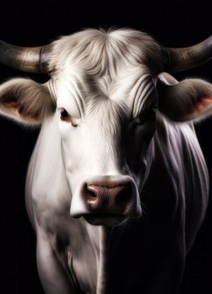 Pale horned cow with a tousled forehead and dark muzzle against a black background.