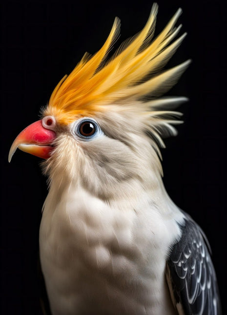 White crested parrot with tall golden-yellow plumes, red beak accent and dark wing markings.