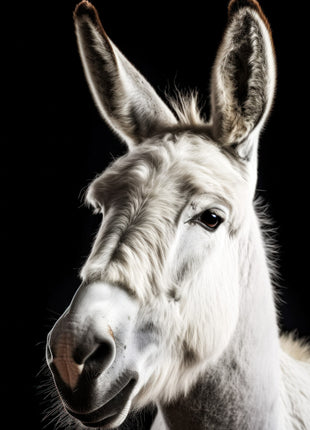 White donkey with gray facial shading and tall ears against a black background.