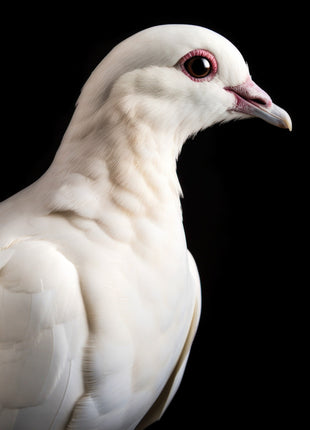 White dove facing right with a pink beak, reddish eye ring and layered feathers against black.