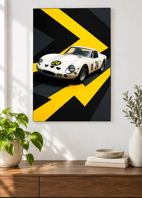 White Flash Twenty-Four car wall art displayed above a walnut console against a white wall