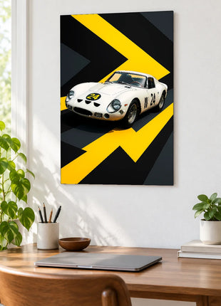 White Flash Twenty-Four car wall art displayed above a wooden desk against a white wall