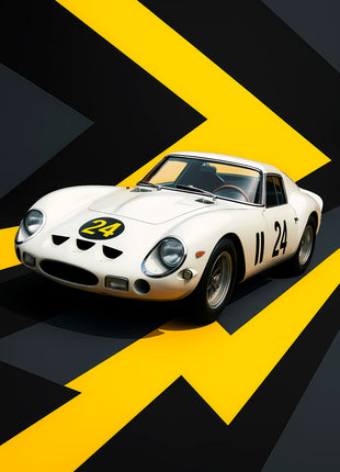 White number 24 vintage racing coupe with bold yellow and charcoal zigzag graphics; White Flash Twenty-Four artwork