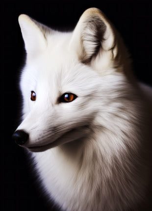 White fox looking left with pointed ears, warm eyes, long ivory fur and a slender muzzle against black.