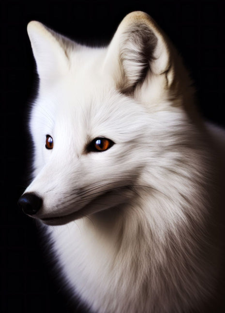 White fox looking left with pointed ears, warm eyes, long ivory fur and a slender muzzle against black.