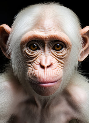 White-furred chimpanzee facing forward with pale ears, pink muzzle and amber eyes against black.