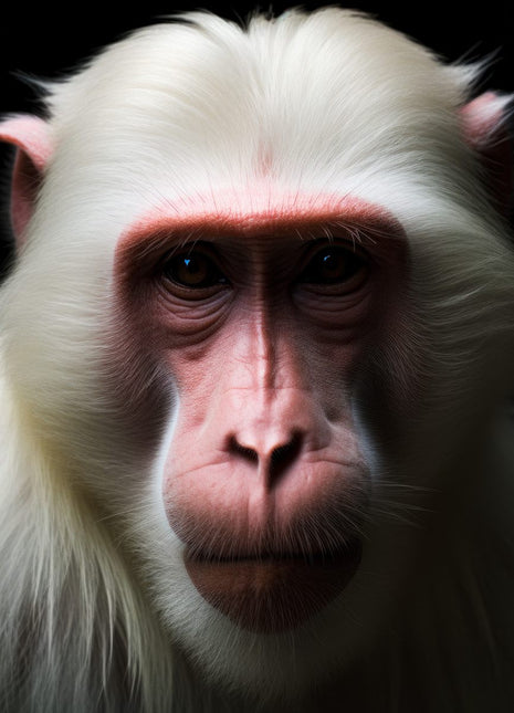 White-furred monkey with a long pink face and dark eyes facing forward against black.