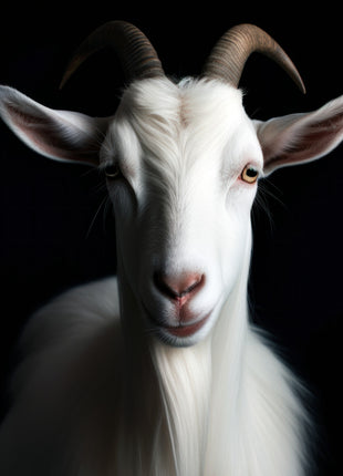 White goat with curved horns and a narrow beard against black.