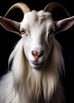 White goat with curved horns and a long flowing beard against black.