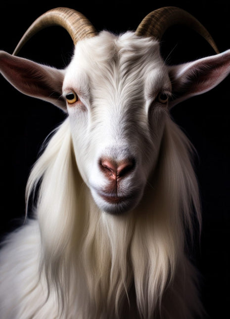 White goat with curved horns and a long flowing beard against black.