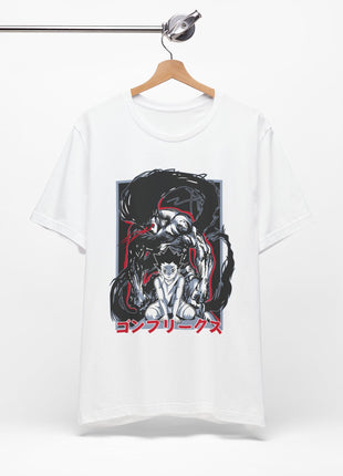 White Gon Freecss Rage T-shirt hanging from a rail, front artwork visible.