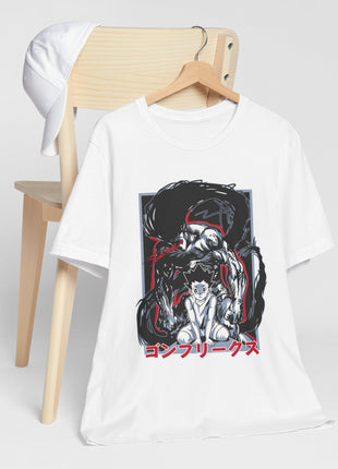 White Gon Freecss Rage T-shirt on a wooden hanger beside a chair.