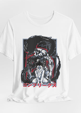 White Gon Freecss T-shirt styled with a gathered hem, showing the Rage graphic.