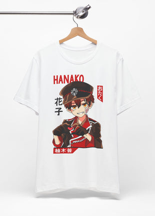 White Hanako-kun T-shirt hanging from a rail, showing the front portrait.