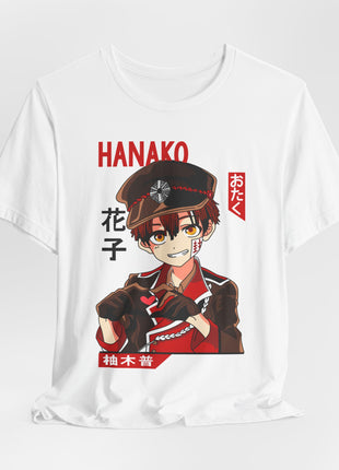 White Hanako-kun T-shirt styled with a gathered hem, front artwork visible.