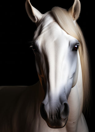 Front-facing white horse with a long pale mane and dark muzzle against black.