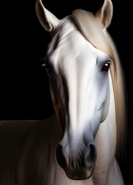 Front-facing white horse with a long pale mane and dark muzzle against black.