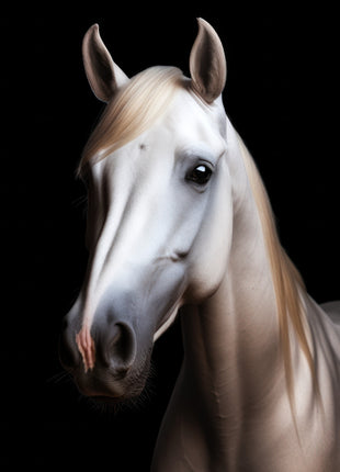 White horse in three-quarter view with a pale mane against a black background.