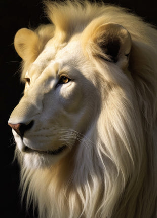 White lion looking left with a long cream mane, pale gold highlights and black background.