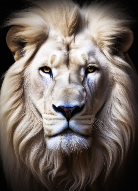 Front-facing white lion with silver-toned shading, cream mane and dark nose on black.