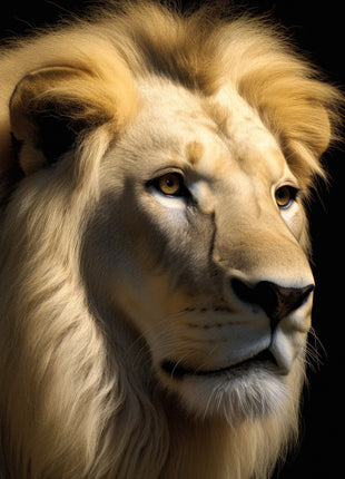 White lion looking right with a cream mane, golden crest and pale muzzle against black.